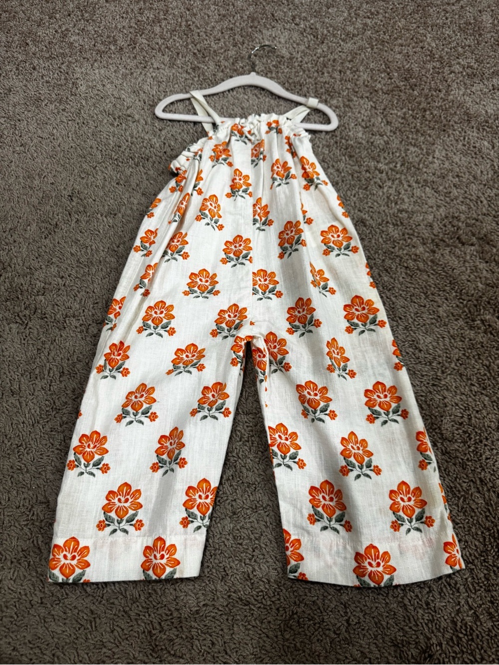Zara Little Girl’s Cream Linen Jumpsuit with Orange Floral Print